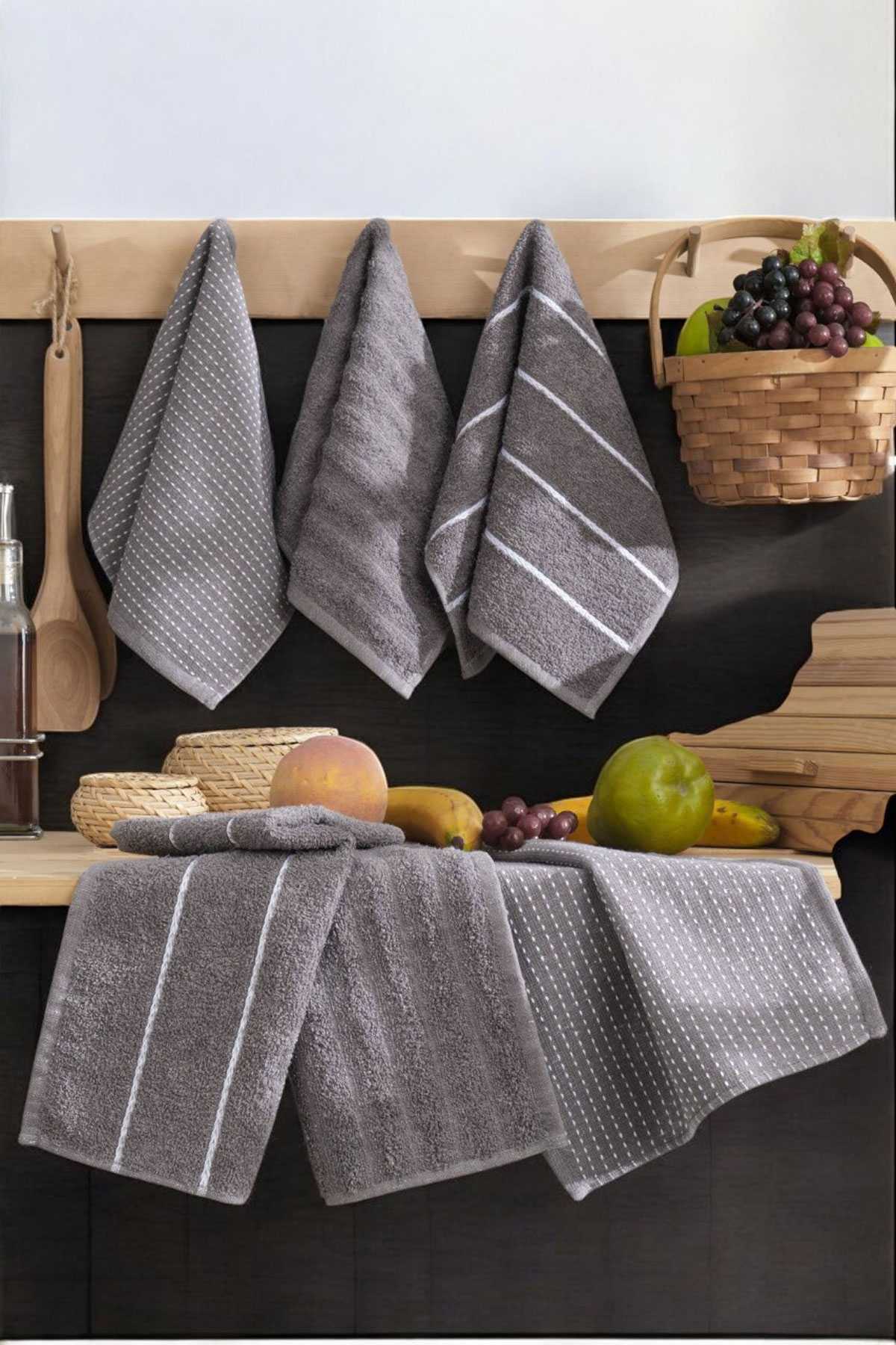 6 lı Luna Naturel Mutfak Havlu Seti %100 Pamuklu 30X50 Cm Antrasit