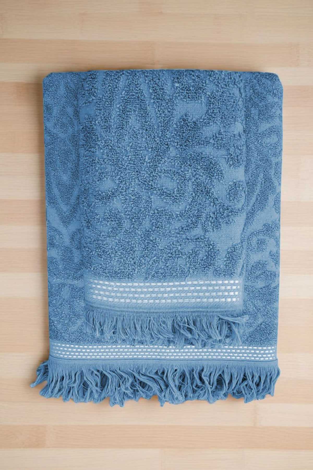 2 Parça Jakarlı Banyo Havlu Takımı %100 Pamuklu 90x150 Cm Arden Mavi