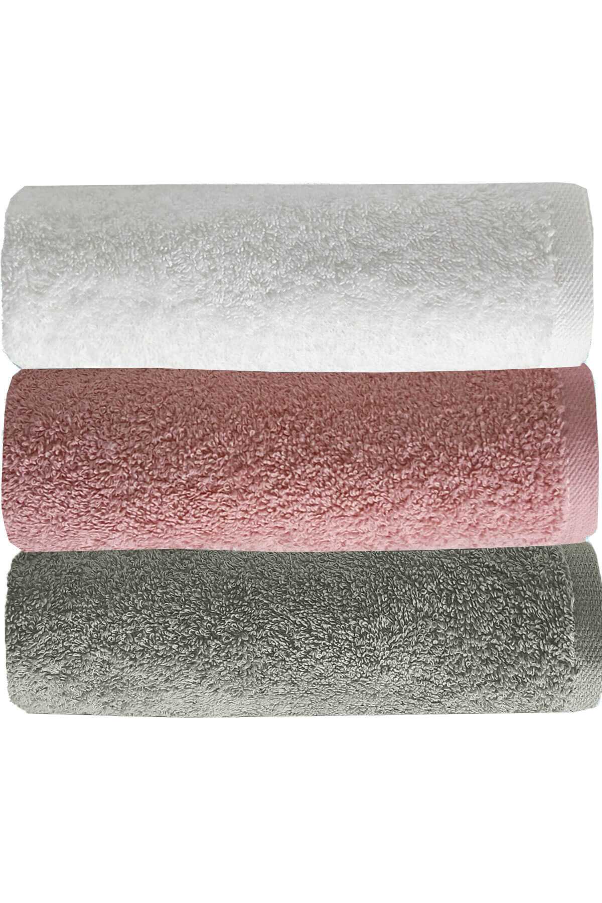 3 lü Düz Renk El Yüz Havlu Seti %100 Pamuklu 50x90 Cm Gri-Gül-Beyaz