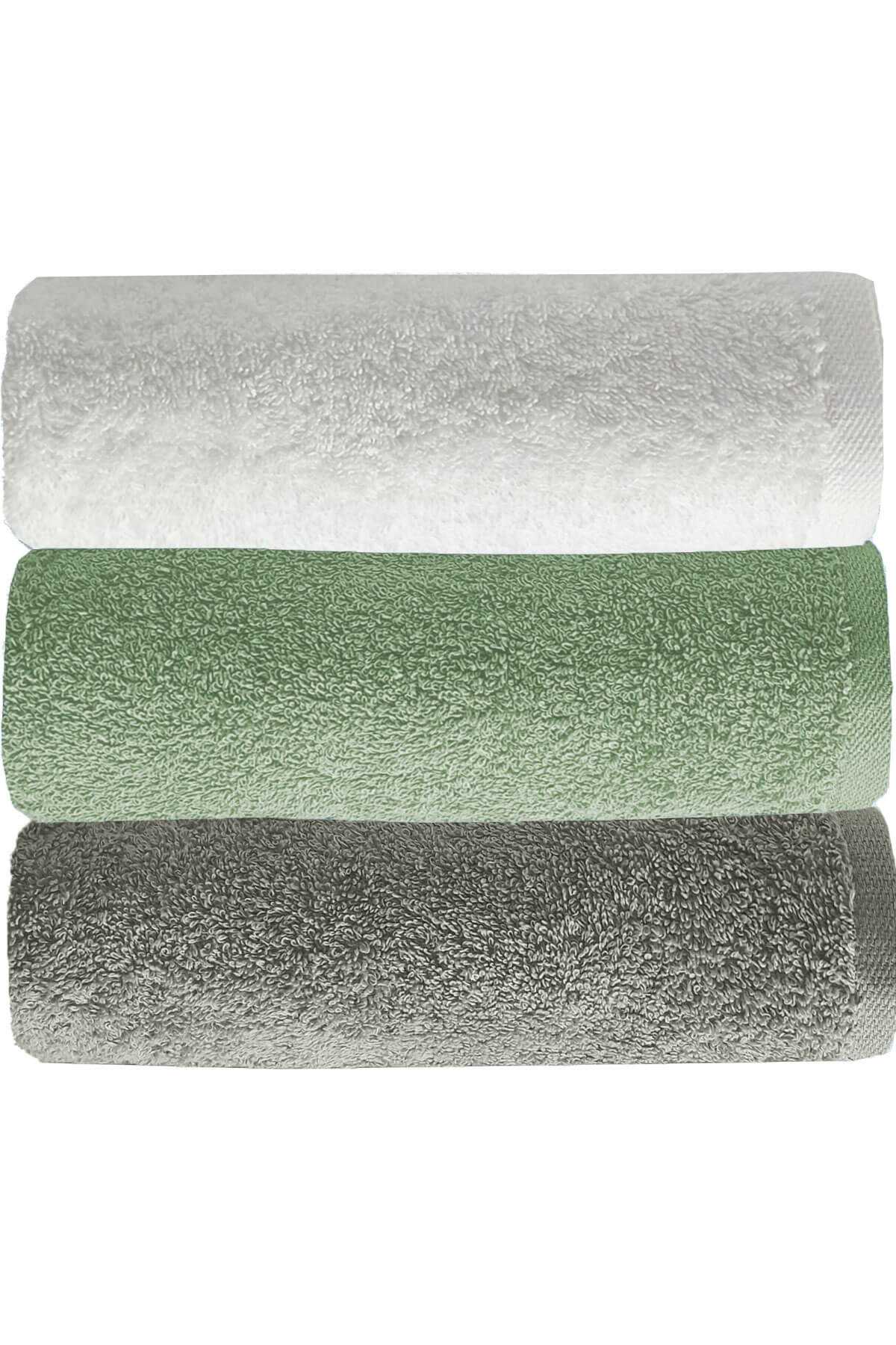 3 lü Düz Renk El Yüz Havlu Seti %100 Pamuklu 50x90 Cm Gri-Yeşil-Beyaz