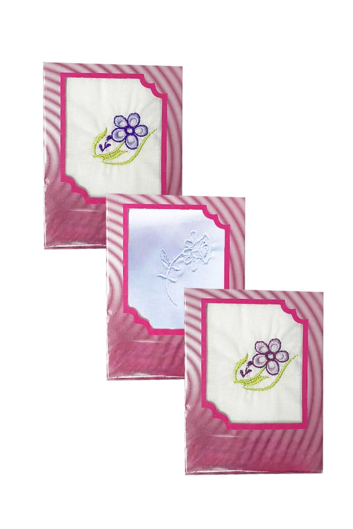 3 lü Özel Paket Premium Kadın İşlemeli Mendil Seti %100 Pamuk 28x28 Cm
