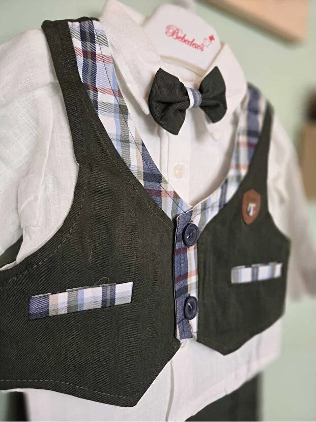 Papyonlu yelekli alt üst 4 lü erkek bebek takımı