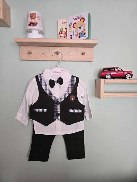 papyonlu yelekli alt üst erkek bebek takımı