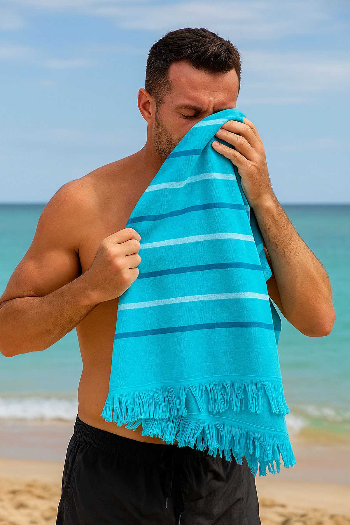 Peştemal Plaj Havlusu %100 Pamuklu 70x150 Cm Turkuaz Waves