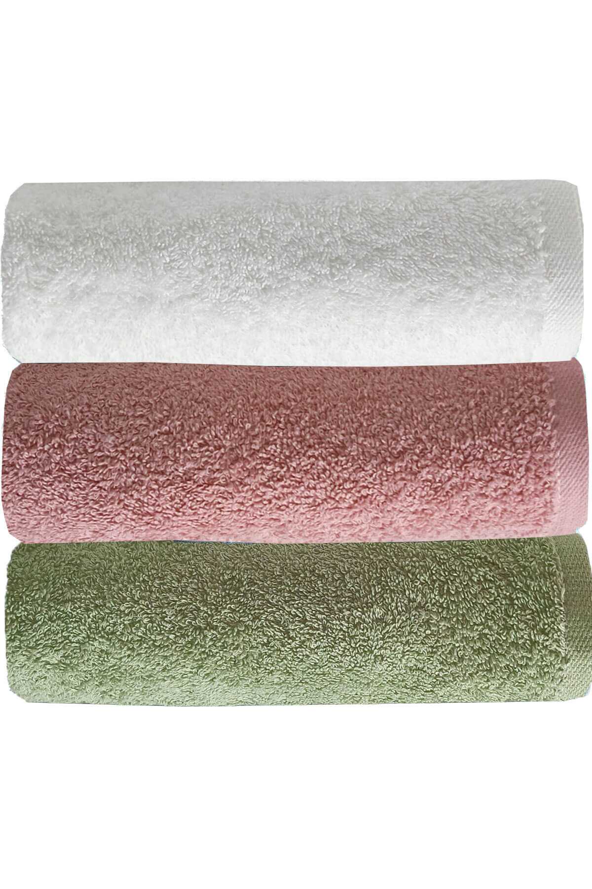 3 lü Düz Renk El Yüz Havlu Seti %100 Pamuklu 50x90 Cm Yeşil Gül Beyaz