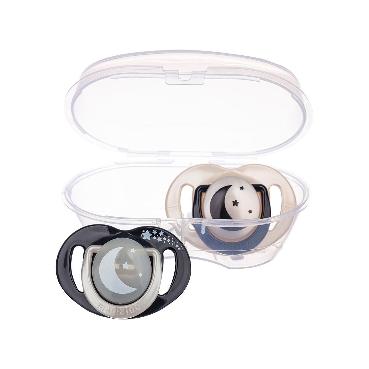 Mamajoo Sterilizasyon & Saklama Kutulu Black & Pearl Desenli İkili Ortodontik Emzik Gece & Gündüz / 0 Ay+