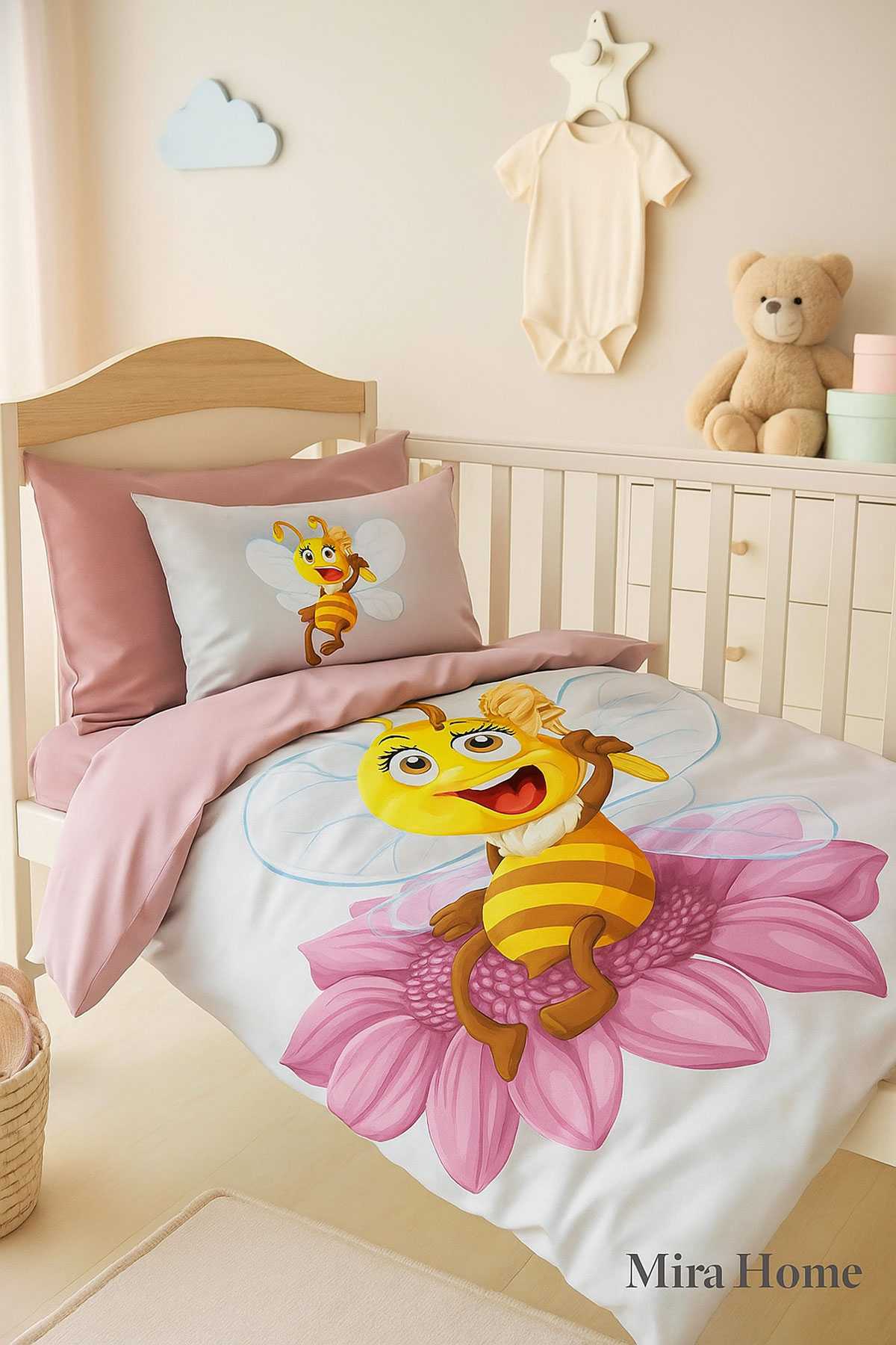 Yenidoğan Kız Bebek Nevresim Takımı &#37;100 Pamuklu  Lady Bee