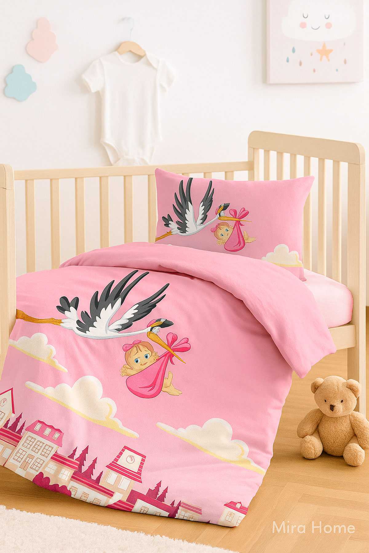 Yenidoğan Kız Bebek Nevresim Takımı &#37;100 Pamuklu Leylek