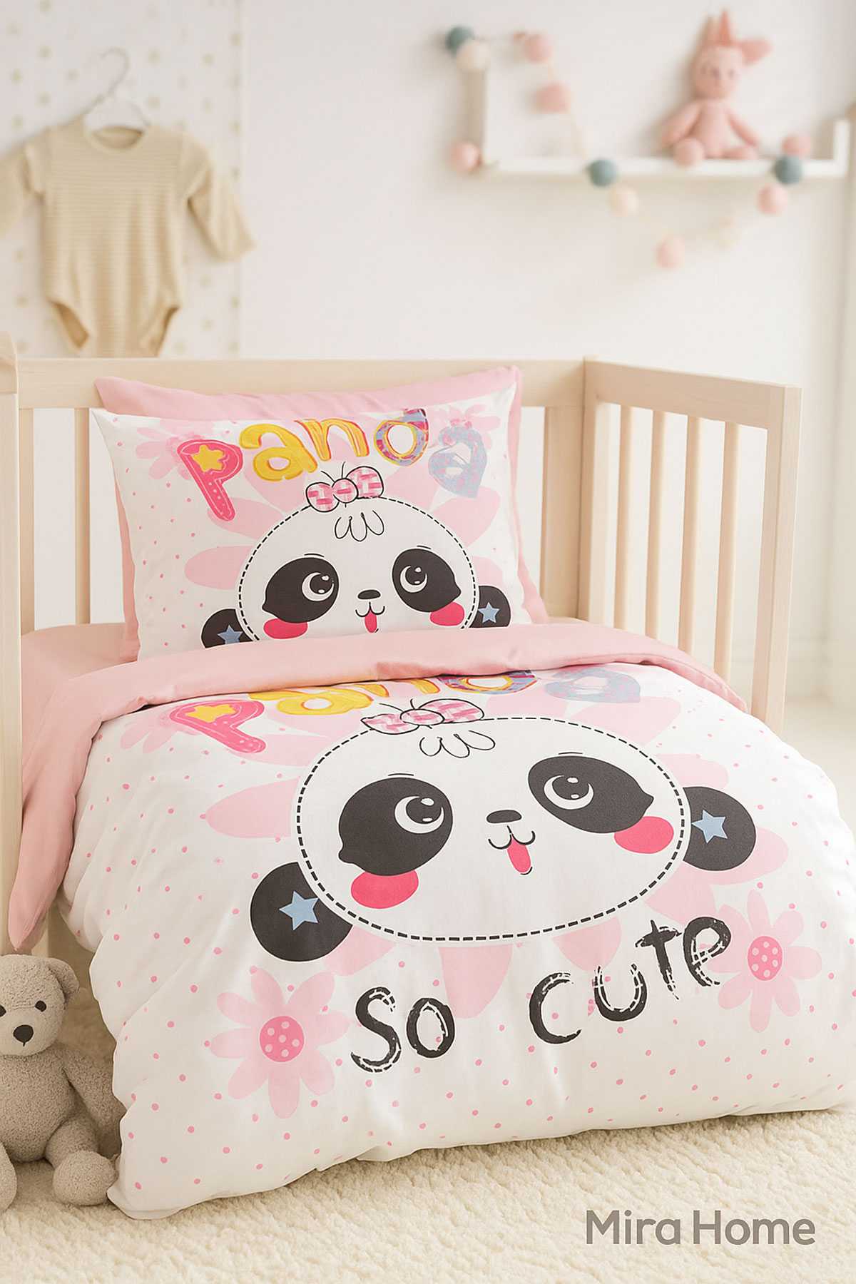 Yenidoğan Kız Bebek Nevresim Takımı &#37;100 Pamuklu Panda So Cute