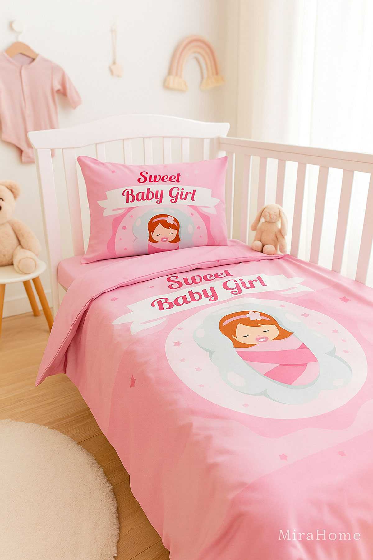 Yenidoğan Kız Bebek Nevresim Takımı &#37;100 Pamuklu Sweet Baby Girl