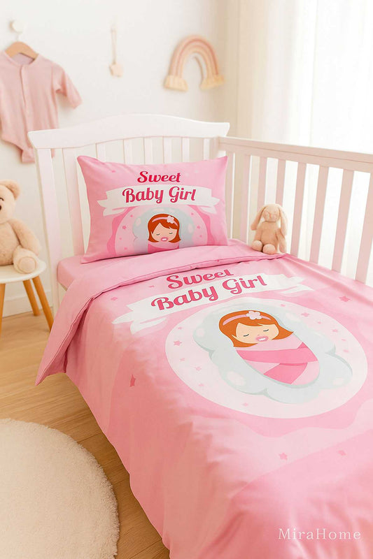 Yenidoğan Kız Bebek Nevresim Takımı &#37;100 Pamuklu Sweet Baby Girl