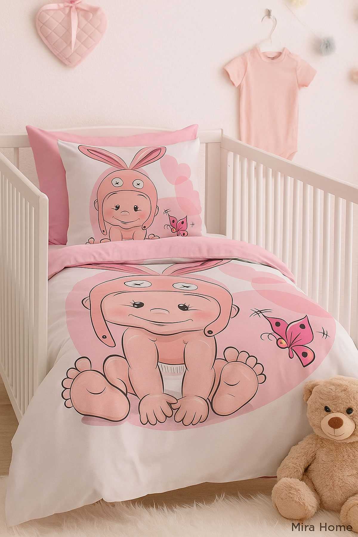 Yenidoğan Kız Bebek Nevresim Takımı &#37;100 Pamuklu Tavşan Kulak