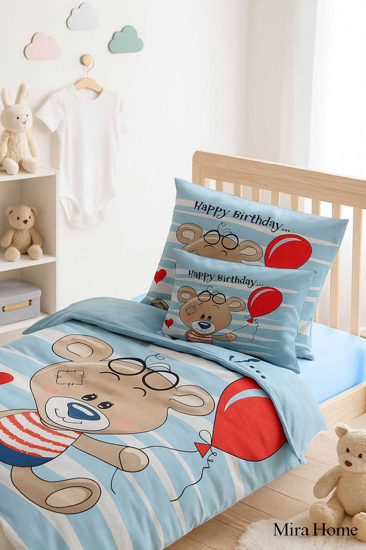 Yenidoğan Erkek Bebek Nevresim Takımı &#37;100 Pamuklu Bear Baloon