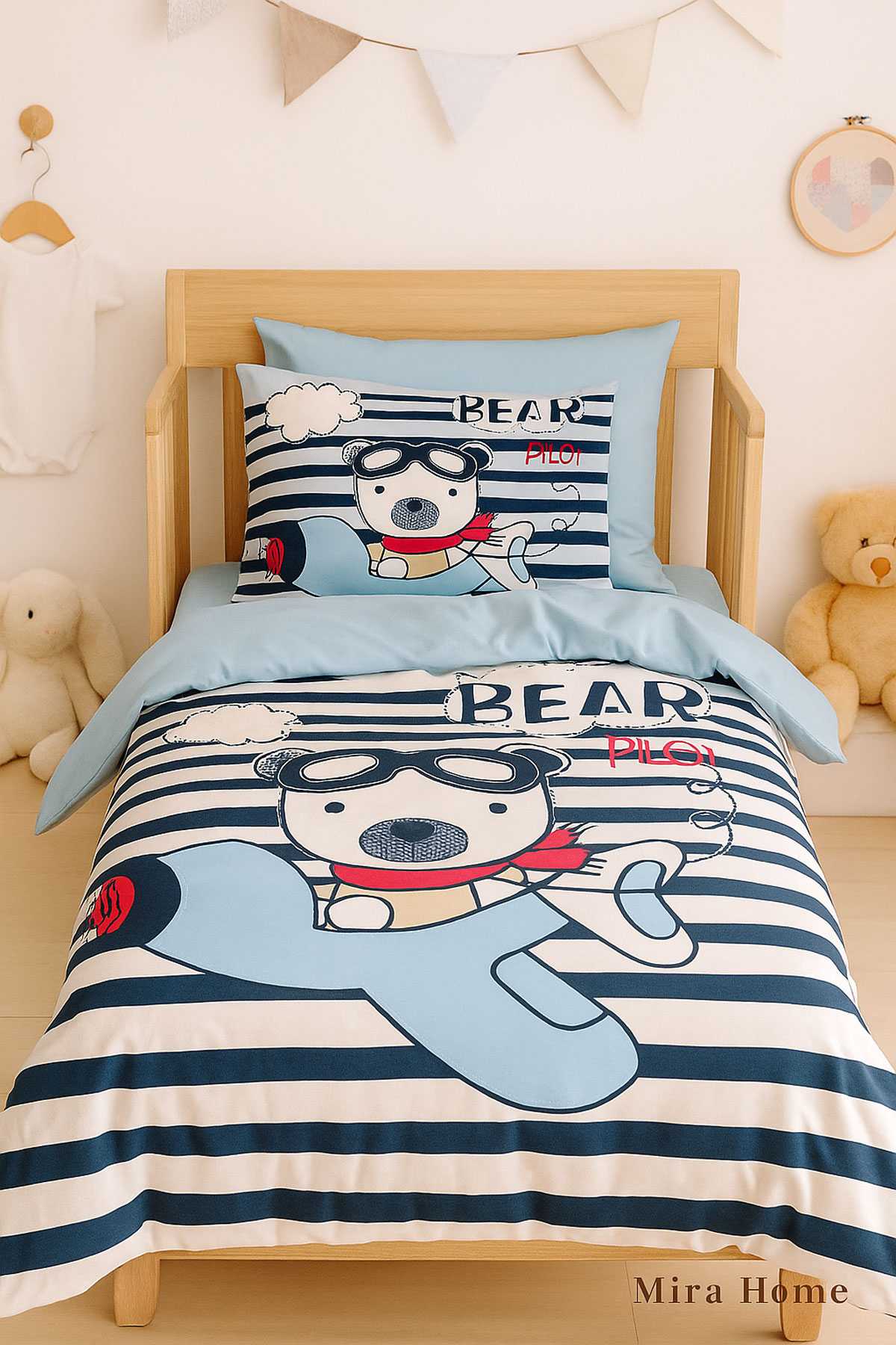 Yenidoğan Erkek Bebek Nevresim Takımı &#37;100 Pamuklu Bear Pilot