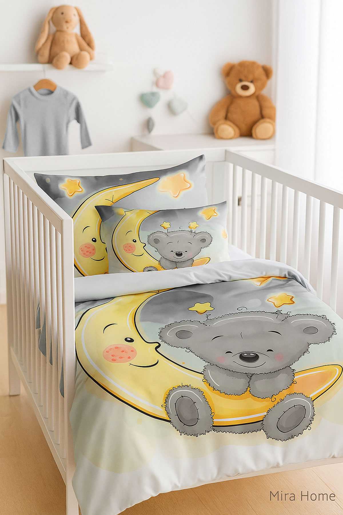 Yenidoğan Kız / Erkek Unisex Bebek Nevresim Takımı &#37;100 Pamuklu Aydaki Ayıcık