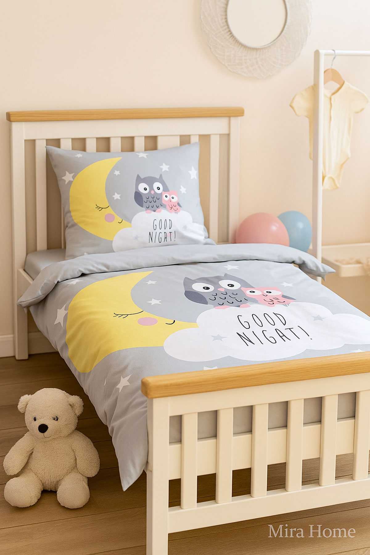 Yenidoğan Kız / Erkek Unisex Bebek Nevresim Takımı &#37;100 Pamuklu Good Night Gri