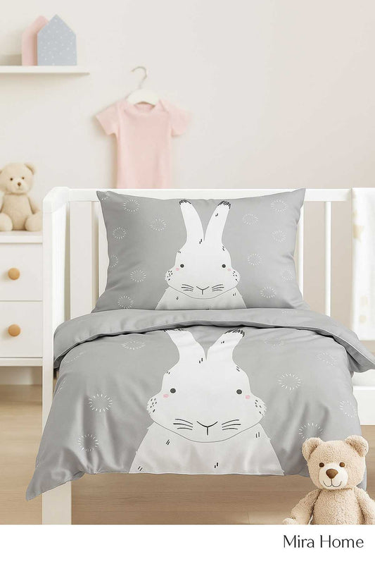 Yenidoğan Kız / Erkek Unisex Bebek Nevresim Takımı &#37;100 Pamuklu Gri Tavşan