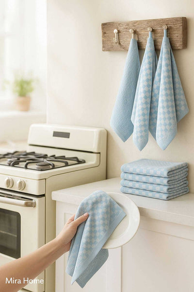 10 lu Dama Desenli Mutfak Kurulama Bezi 50x70 Cm  Mavi