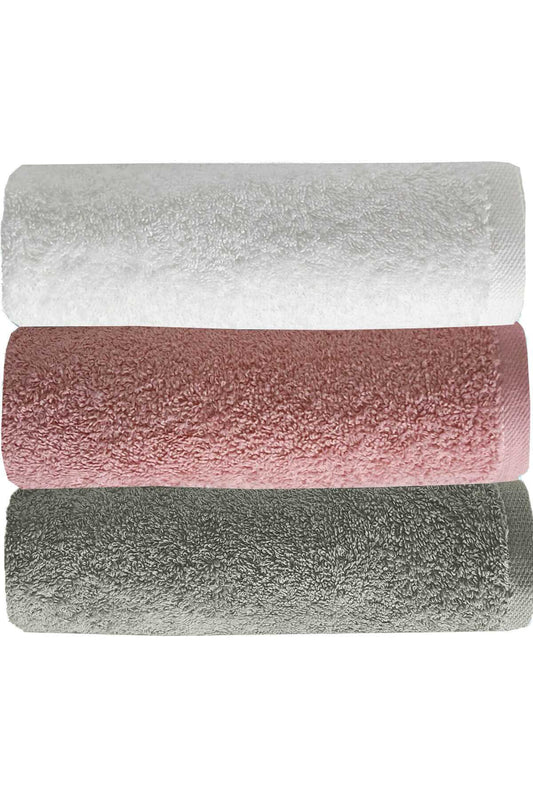 3 lü Düz Renk El Yüz Havlu Seti &#37;100 Pamuklu 50x90 Cm Gri-Gül-Beyaz