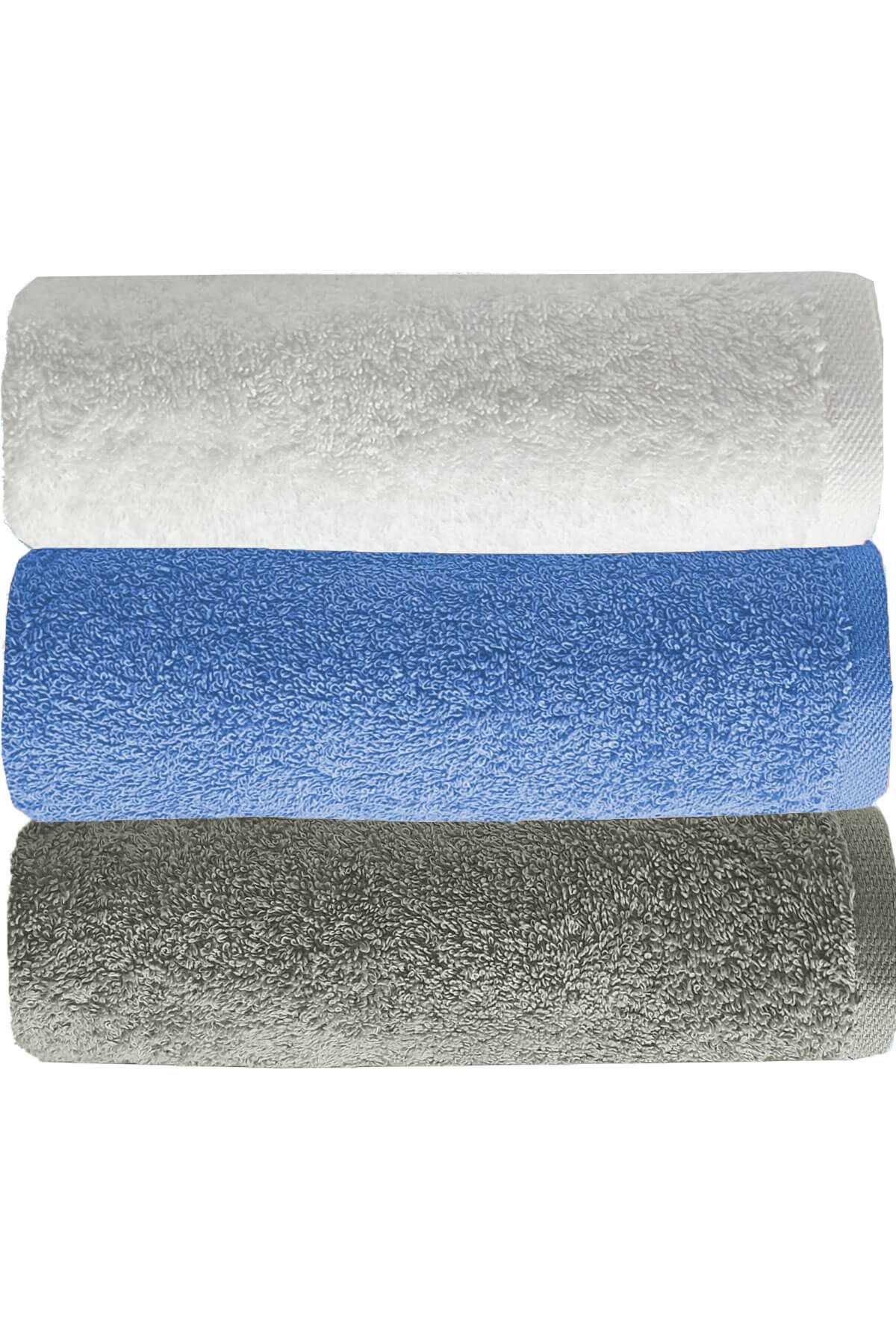 3 lü Düz Renk El Yüz Havlu Seti &#37;100 Pamuklu 50x90 Cm Gri-Mavi-Beyaz