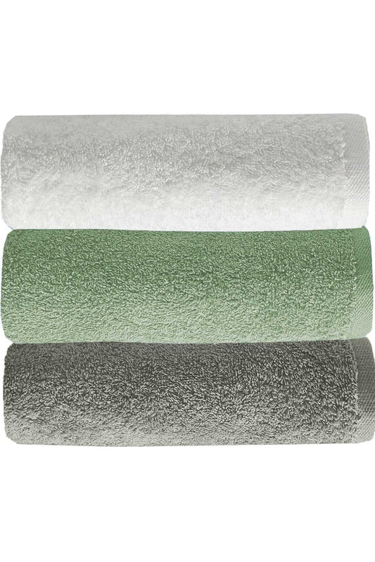 3 lü Düz Renk El Yüz Havlu Seti &#37;100 Pamuklu 50x90 Cm Gri-Yeşil-Beyaz