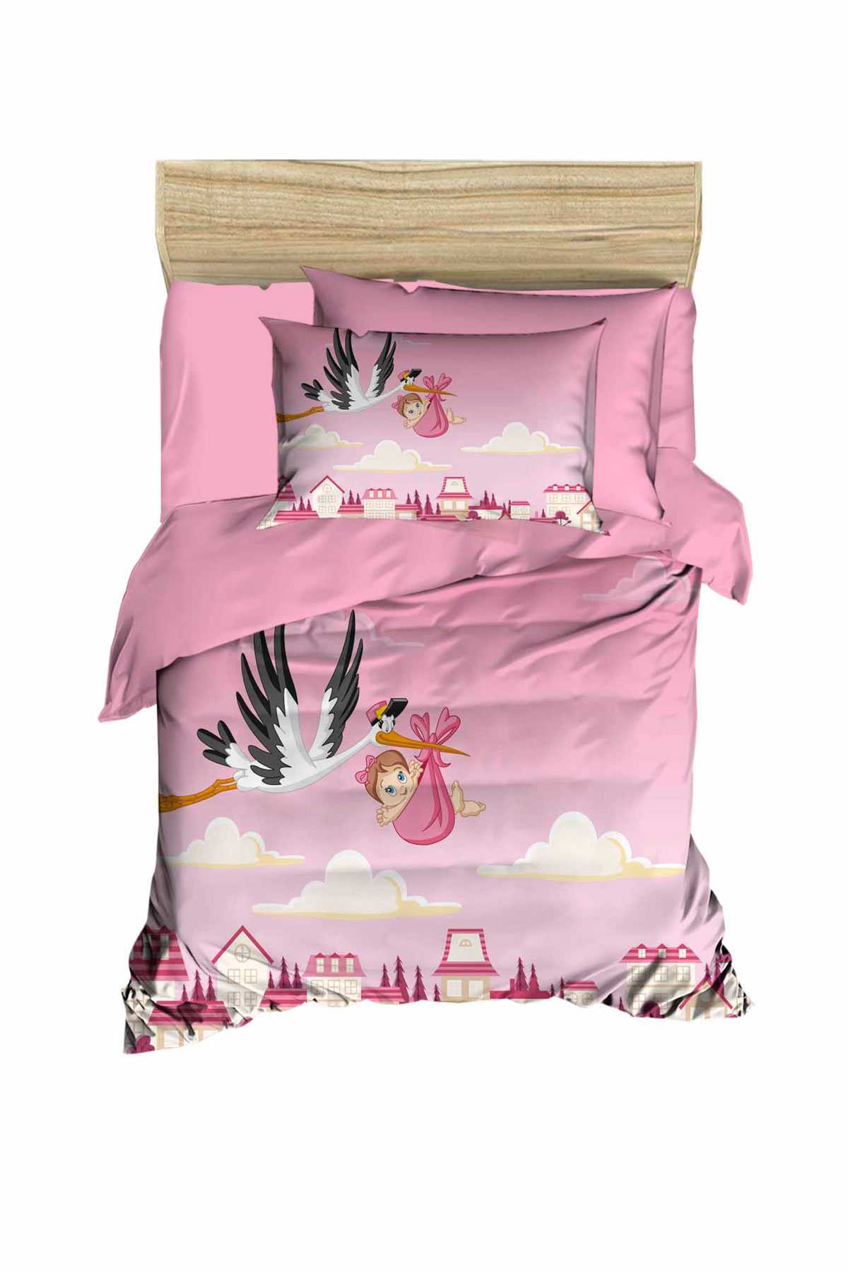 Yenidoğan Kız Bebek Nevresim Takımı &#37;100 Pamuklu Leylek