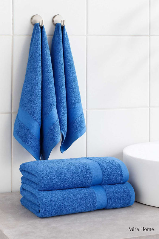 4 Parça Ekonomik Banyo Havlu Takımı &#37;100 Pamuklu Quickdry Mavi Mavi