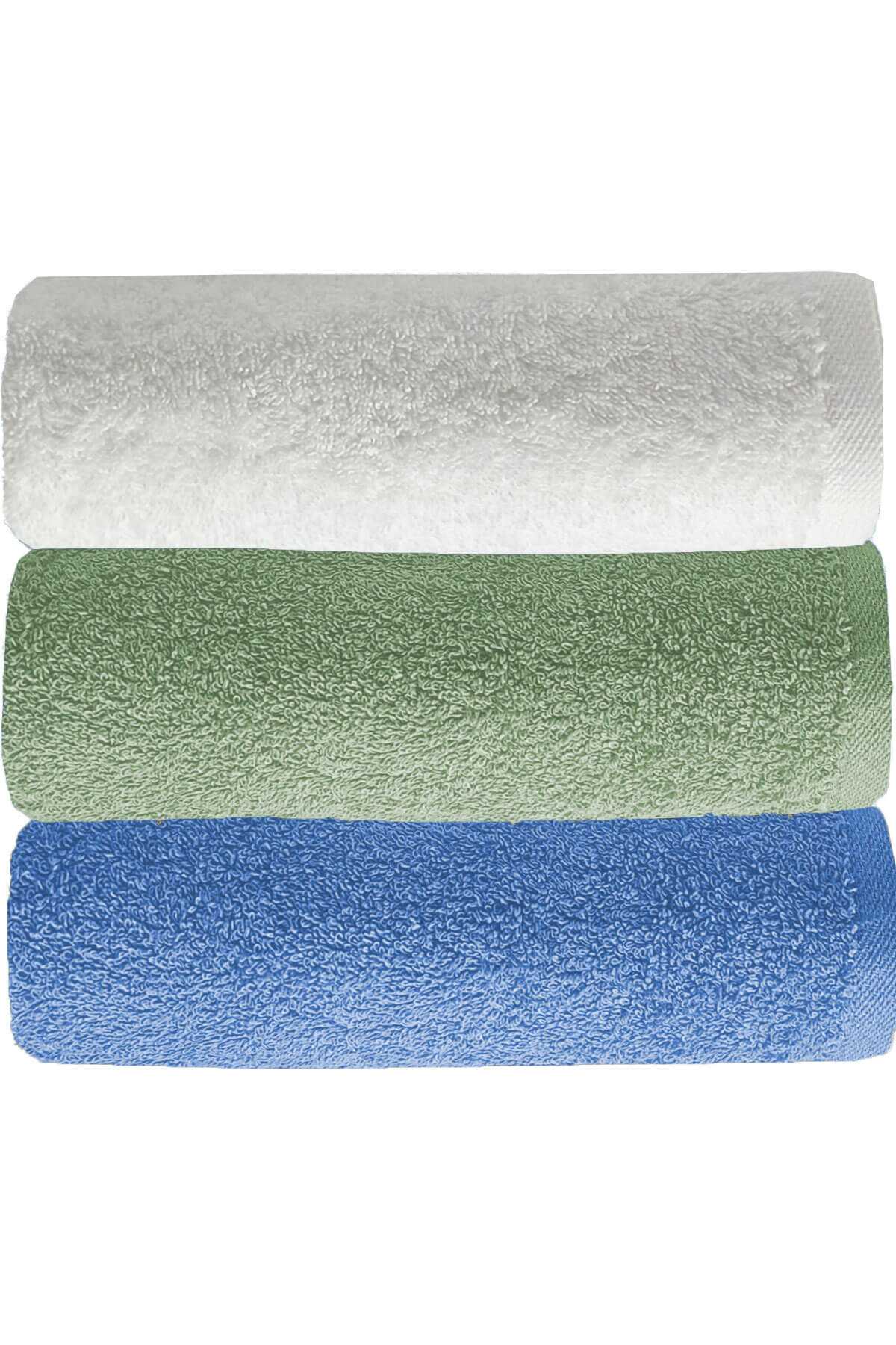 3 lü Düz Renk El Yüz Havlu Seti &#37;100 Pamuklu 50x90 Cm Mavi-Yeşil-Beyaz