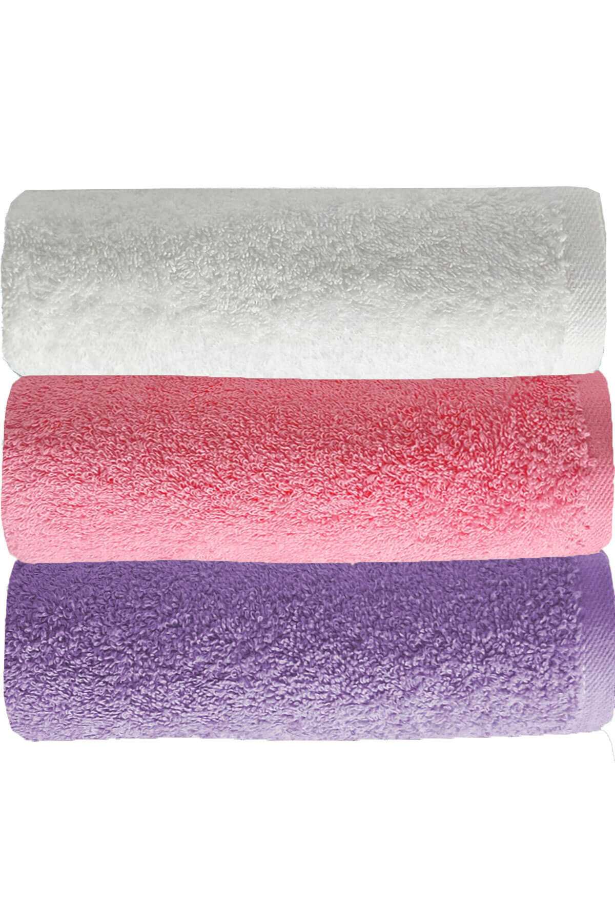 3 lü Düz Renk El Yüz Havlu Seti &#37;100 Pamuklu 50x90 Cm Mor-Pembe-Beyaz