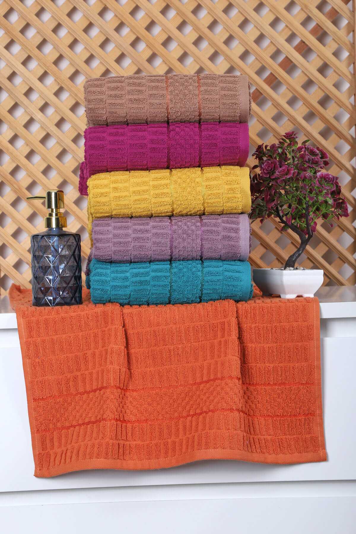 6 lı Renkli El Yüz Pamuklu Jakarlı Havlu Seti 50 x 90 Cm Platin