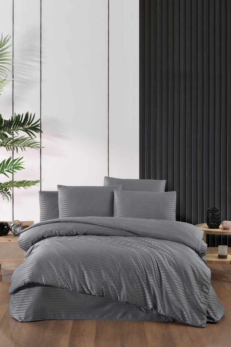 Stripe Saten Line Çift Kişilik Nevresim Takımı Antrasit - CHOKQU