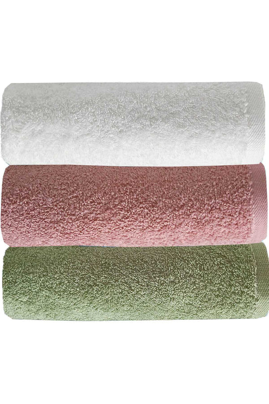 3 lü Düz Renk El Yüz Havlu Seti &#37;100 Pamuklu 50x90 Cm Yeşil Gül Beyaz