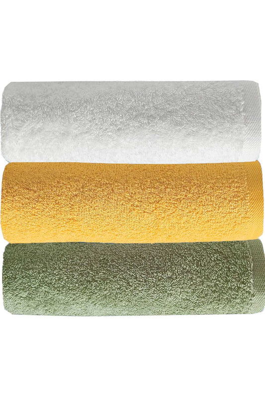 3 lü Düz Renk El Yüz Havlu Seti &#37;100 Pamuklu 50x90 Cm Yeşil Sarı Beyaz