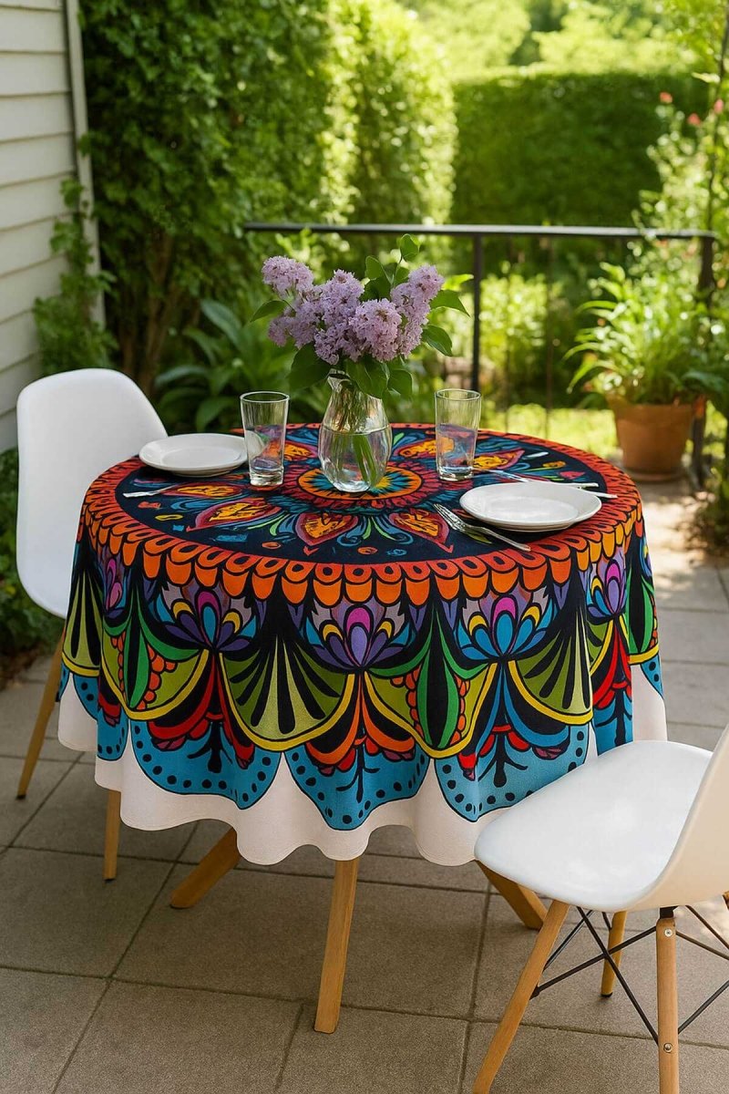 Yuvarlak Etnik Desenli Duck Kumaş Masa Örtüsü 150X150 Cm - CHOKQU