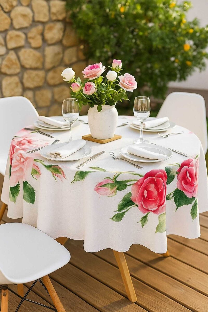 Yuvarlak Gül Desenli Duck Kumaş Masa Örtüsü 150x150 Cm - CHOKQU