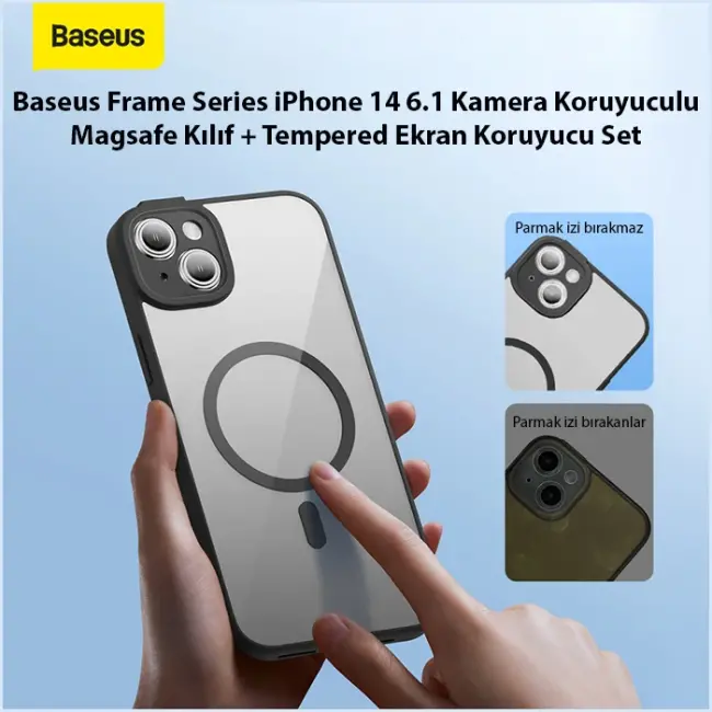 Baseus Frame Series iPhone 14 6.1 Kamera Koruyuculu Magsafe Kılıf + Tempered Ekran Koruyucu Set-(5775)