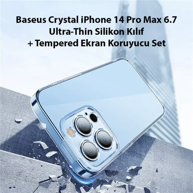 Baseus Crystal iPhone 14 Pro Max 6.7 Ultra-Thin Silikon Kılıf + Tempered Ekran Koruyucu Set-(5775)