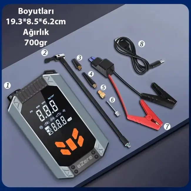 EZERE ST-9632D Taşınabilir Araç Lastik Şişirme Ve Starter Akü Takviye Seti-(5775)