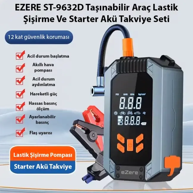 EZERE ST-9632D Taşınabilir Araç Lastik Şişirme Ve Starter Akü Takviye Seti-(5775)