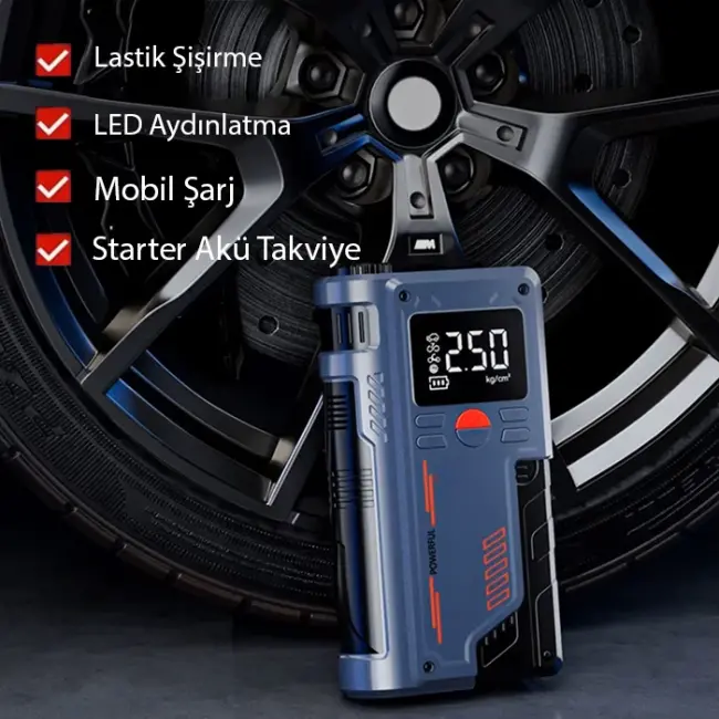 EZERE ST-9631 Pro Taşınabilir Göstergeli Araç Lastik Şişirme Ve Starter Akü Takviye Seti-(5775)