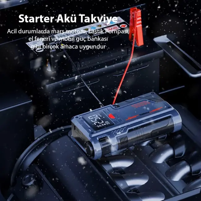 EZERE ST-9631 Pro Taşınabilir Göstergeli Araç Lastik Şişirme Ve Starter Akü Takviye Seti-(5775)