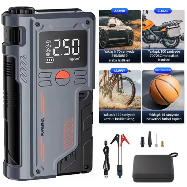 EZERE ST-9631 Pro Taşınabilir Göstergeli Araç Lastik Şişirme Ve Starter Akü Takviye Seti-(5775)