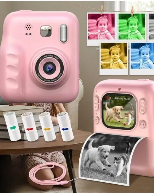 Çocuklar İçin Anında Baskılı Kamera 4 Rulo Kağıt ve 5 Renk Kalem Hediyeli
