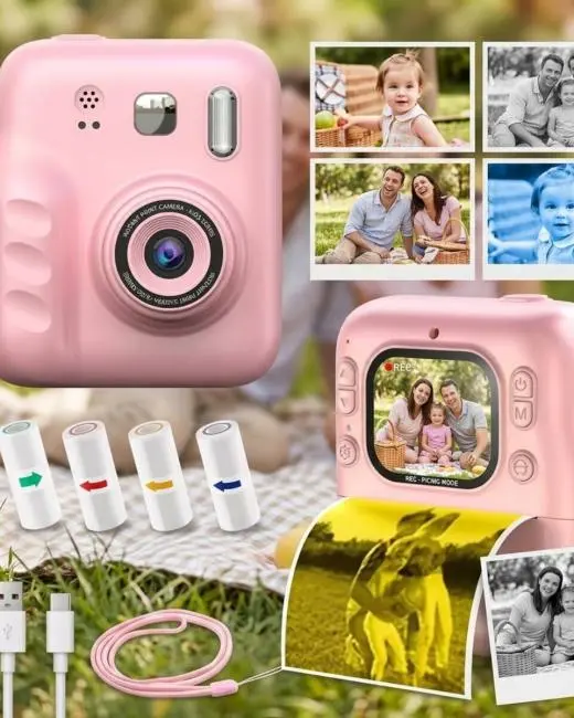 Çocuk Dijital Fotoğraf Makinesi Anında Baskı ve HD Video Kayıt Özellikli 5 kalem ve 4 rulo kağıt hediye