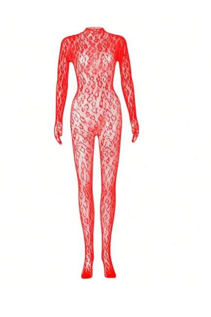 Kadın Seksi Leopar Desenli Transparan File Tulum Uzun Kollu Eldivenli Büyük Beden Vücut Çorabı