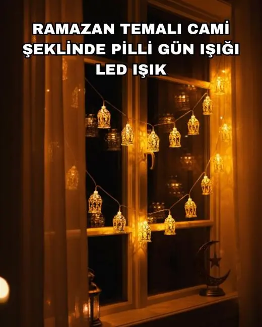 Ev Dekoru İçin Ramazan LED Işık Pilli Sıcak Sarı Cami Figürlü