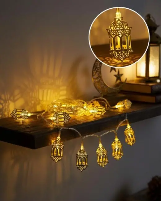 Pilli Ramazan Işıkları Altın Renk Fener Figürlü LED Süsleme