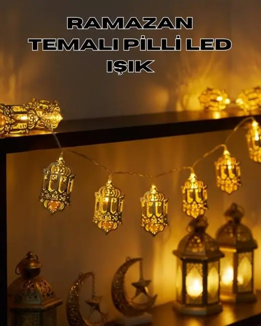 Pilli Ramazan Işıkları Altın Renk Fener Figürlü LED Süsleme