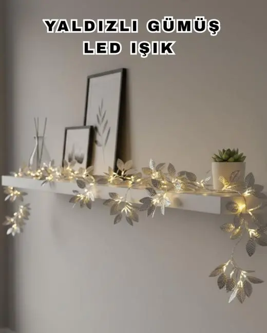 Yaldızlı Gümüş Yaprak LED Işık Pilli Dekoratif Ortam ve Yılbaşı Aydınlatması