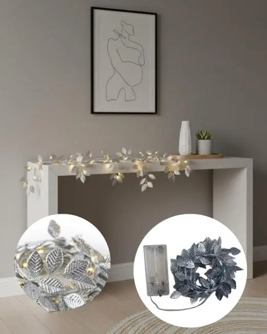 Yaldızlı Gümüş Yaprak LED Işık Pilli Dekoratif Ortam ve Yılbaşı Aydınlatması